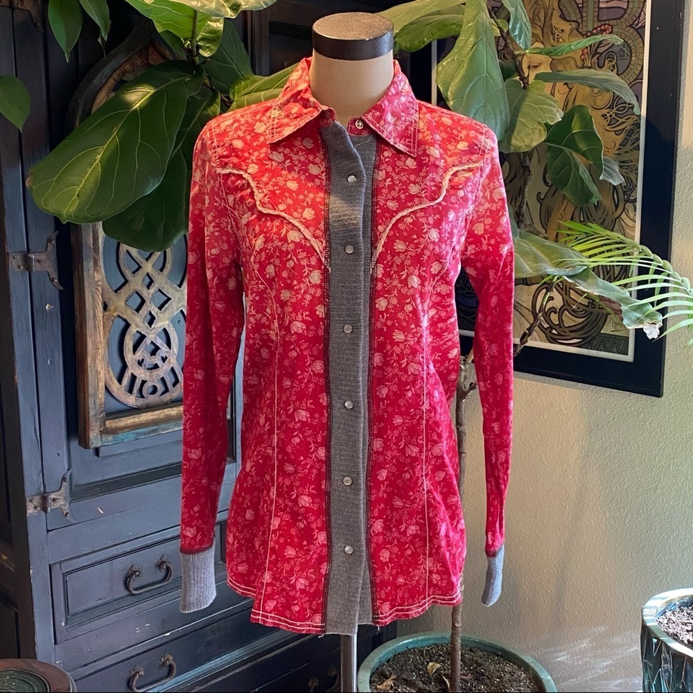 Buckle BKE Boho Western Fitted Mixed Knit Pearl Snap Down Ombré Shirt